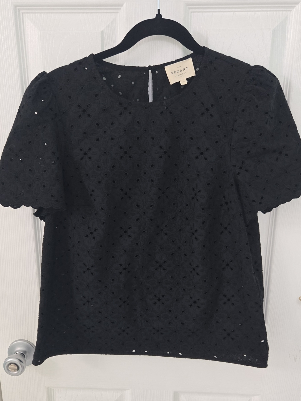 Sezane Black Anabelle Eyelet Puff Sleeve Blouse
